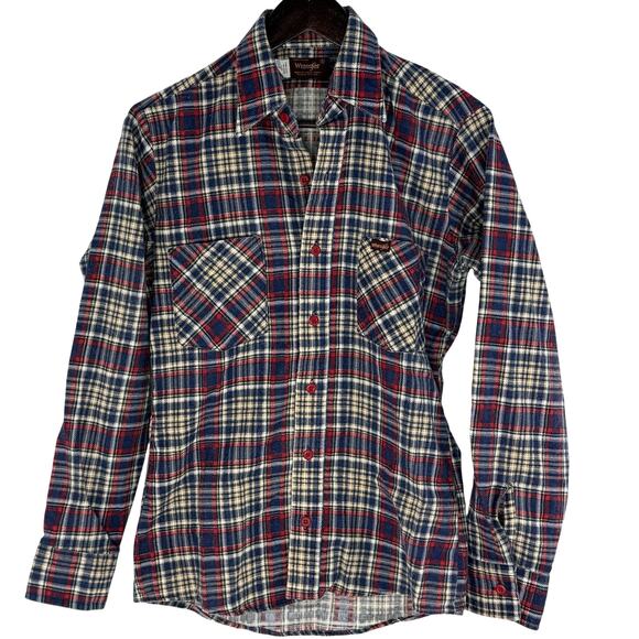 Vintage 70s Wrangler Flannel Shirt Womens Small Blue Red Plaid Western Rodeo - Picture 1 of 4